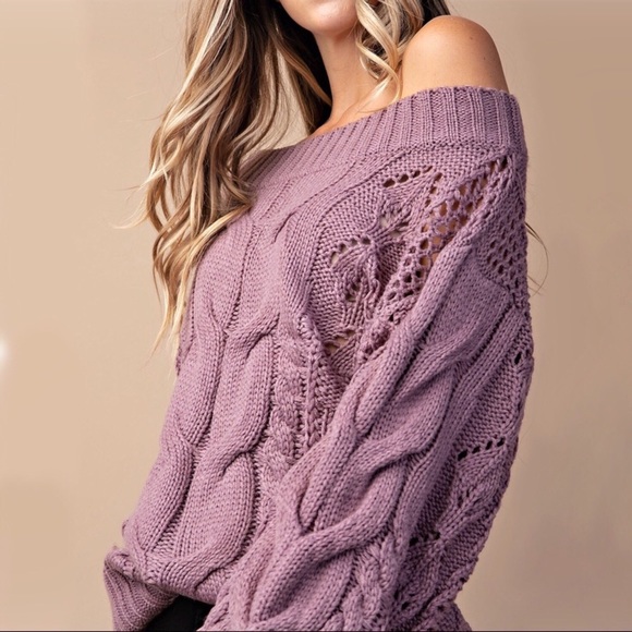 Purple Sweater, Cable Knit Sweater Puff Sleeve - Picture 5 of 8